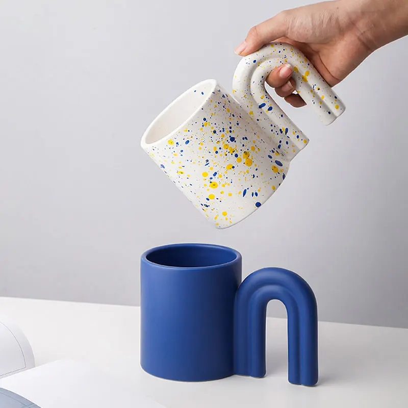 450ml Creative Door Handle Design Handmade Big Ceramic Mugs Klein Blue Splash-ink Coffee Tea Milk Water Cups Personalized Gifts