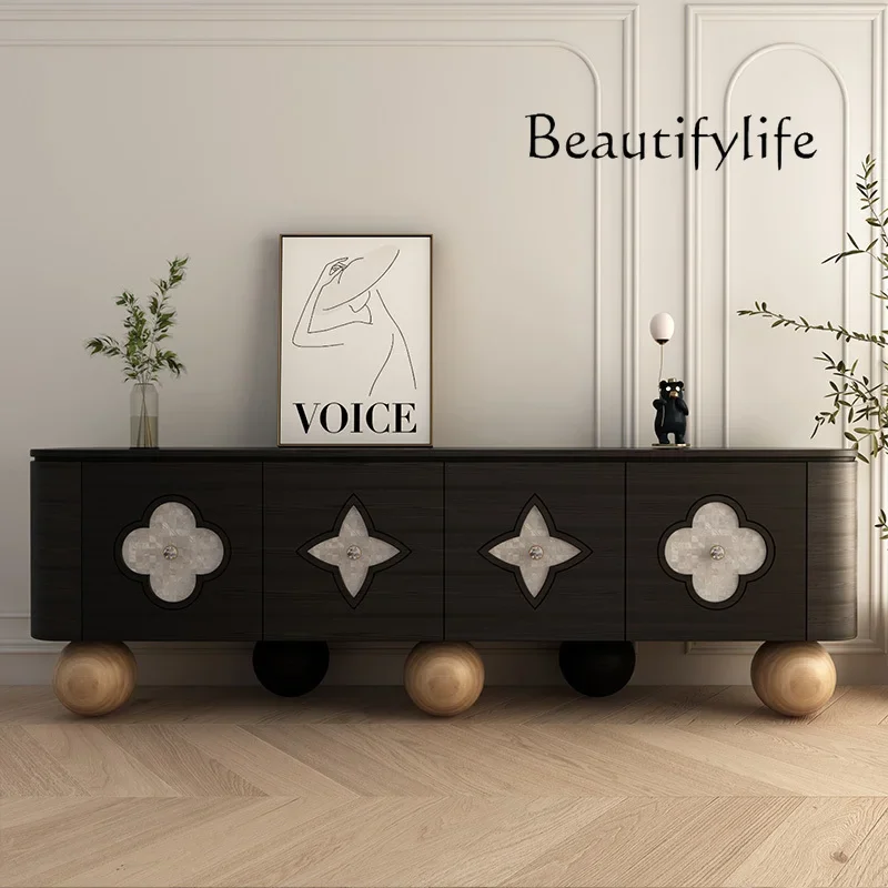 

French four-leaf clover solid wood retro TV cabinet coffee table combination round foot design