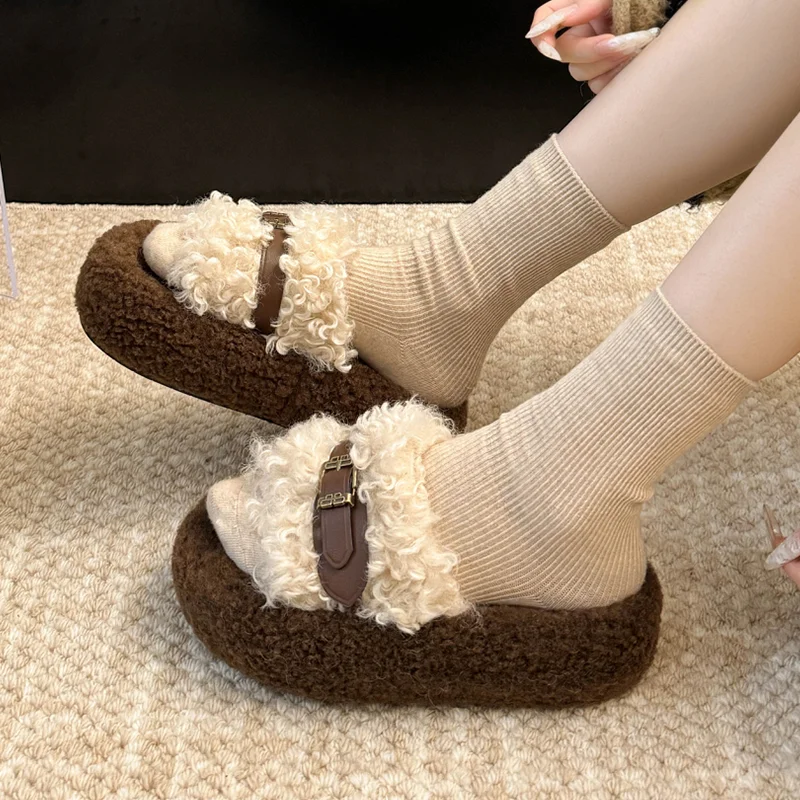

Fur Women Slippers Flats Platform Short Plush Shoes 2025 Winter Fad Snow Boots Casual Home Flip Flops Cozy Warm Mujer Zapatos