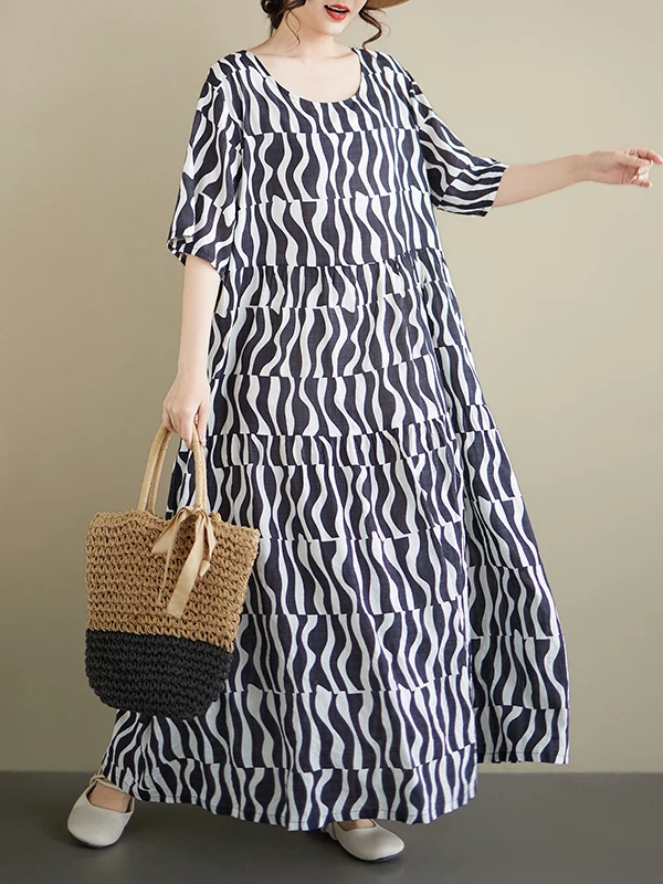 

Повседневное свободное платье с коротким рукавом и круглым вырезом, с принтом, из тонкой ткани, для прогулок по городу, А-силуэт, из смесового хлопка и льна, летнее