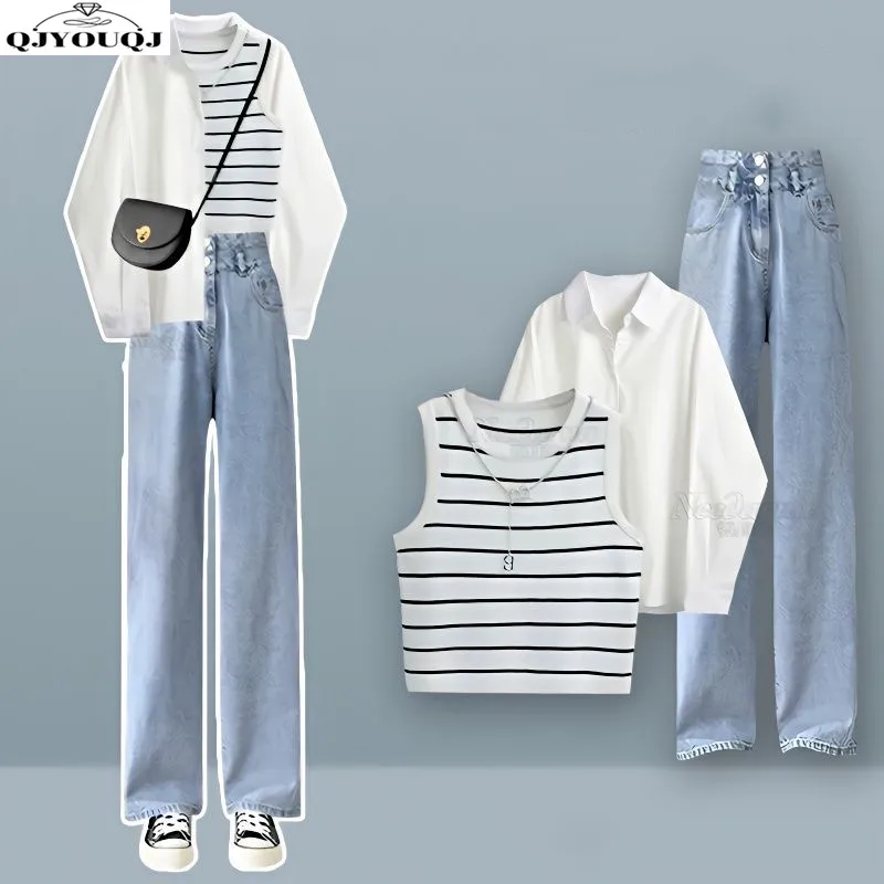 Spring and summer women's suit 2024 new fashionable versatile long sleeved shirt slimming vest with jeans three piece set