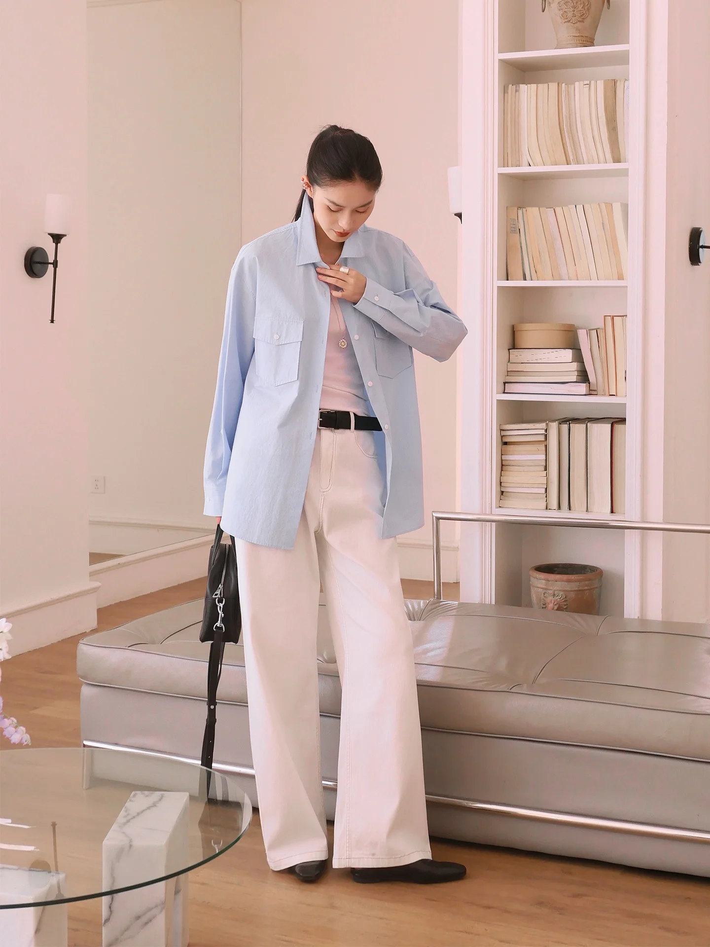 

Весенняя повседневная свободная рубашка с длинным рукавом для женщин, светло-голубая, 100% чесаный хлопок, элегантный дизайн, повседневная верхняя одежда