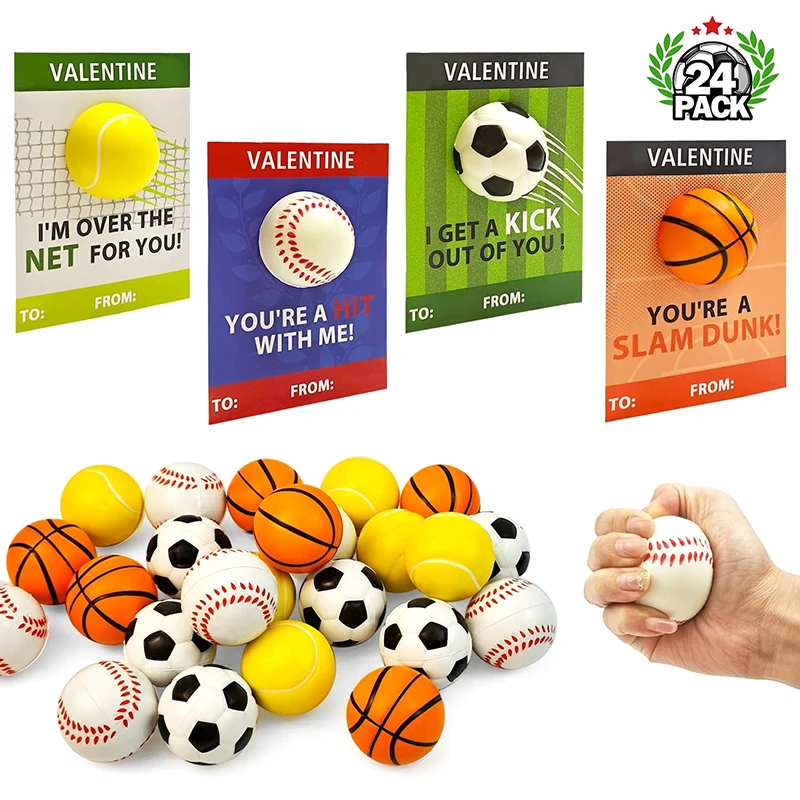 24pcs Sports Valentines Cards Gift Mini Foam Stress Ball Toys With Exchange Cards For Valentines Goodie Bag Stuffer Class Treats