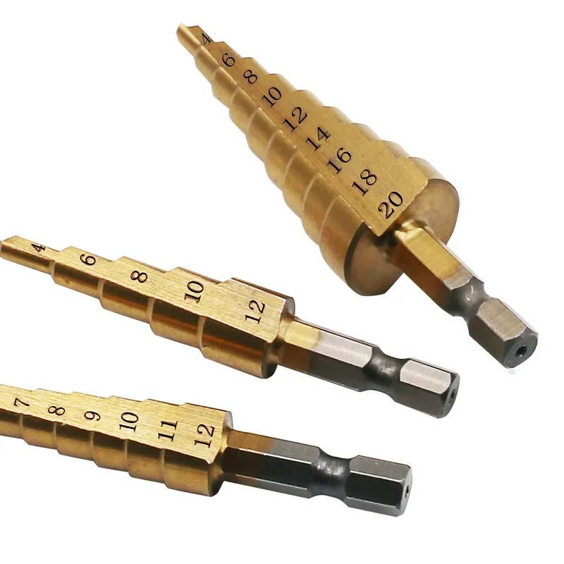 Hss Steel Titanium Coated Step Drill Bits 3-12mm 4-12mm 4-20mm Step Cone Cutting Tools Steel Wood Metal Drilling Power Set