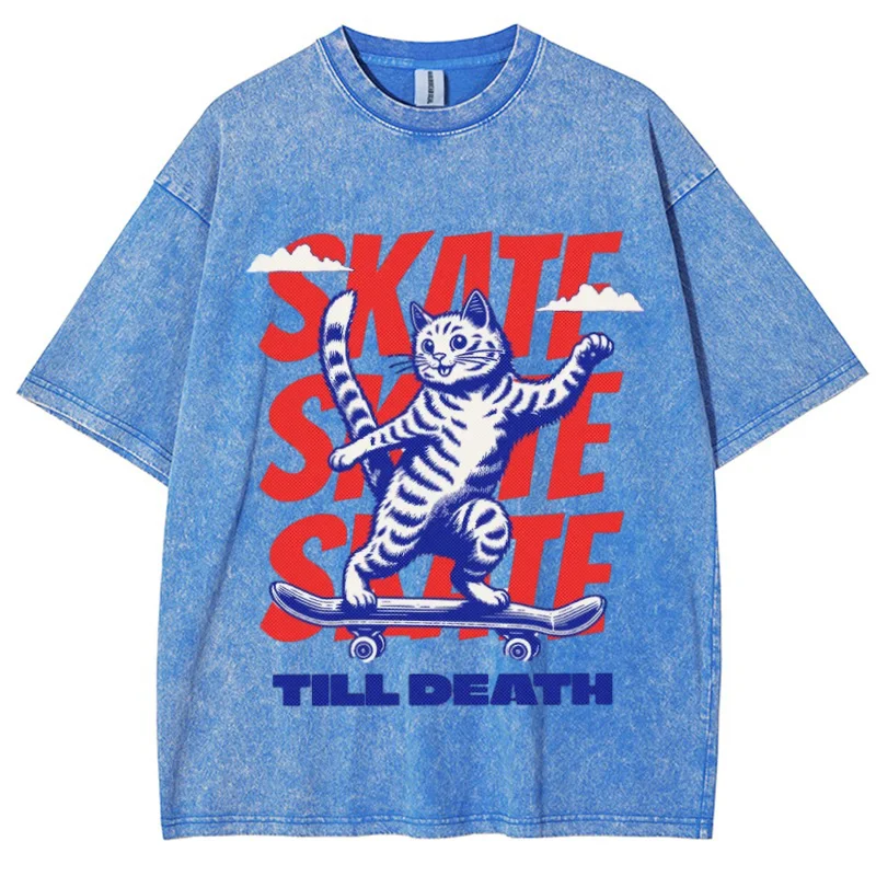 Cat Play Skateboardprint Dames T-Shirt Schattig Casual Feng Shui Wash Distressed Losse Korte Mouw Amerikaans Retro Modeontwerp