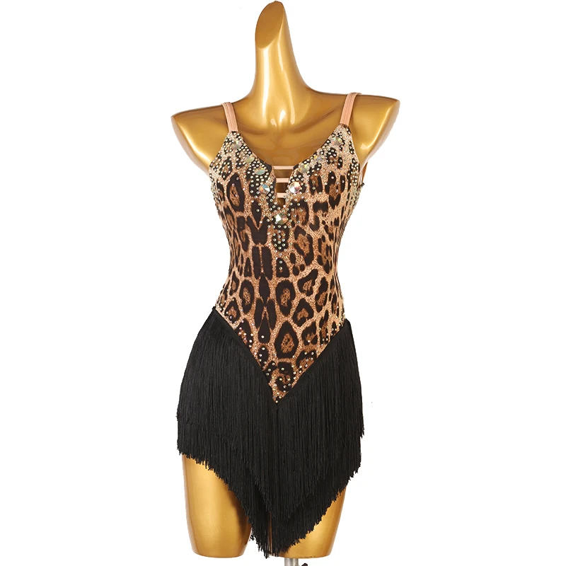 Latin Dance Dress leopard Lady junior latin dance costumes women fringe latin competition dress lq410