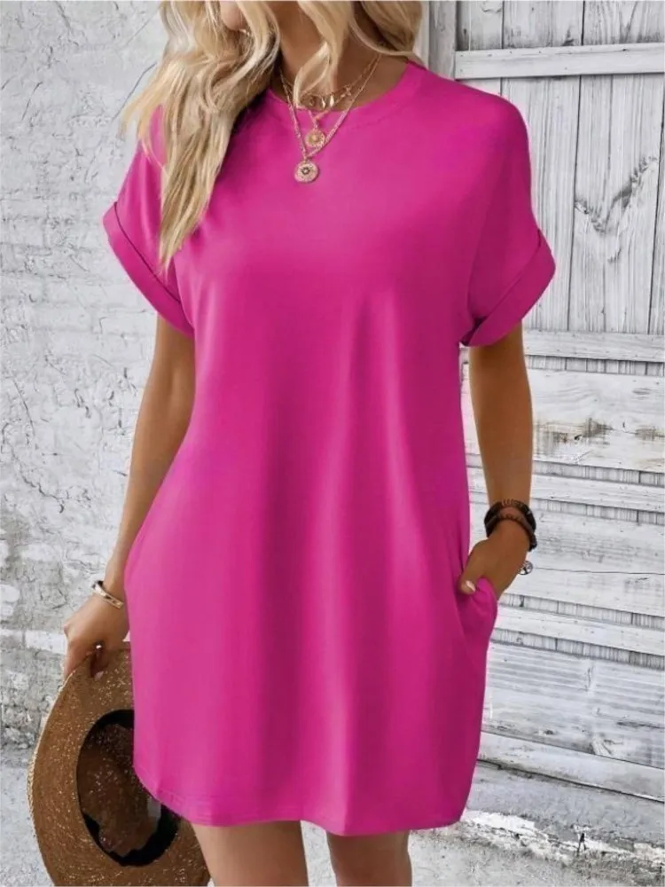 

Fashion Pure Colors Dress Women's Pocket T-shirt Style Mini Dresses Summer Casual Loose Dress Vestidos para mujer elegantes