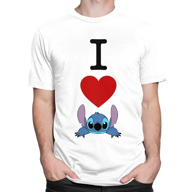 I Love Stitch Anime T Shirts Men Pre-shrunk Cotton Tee Tops Tshirt Short-Sleeve Urban T-shirt Clothes