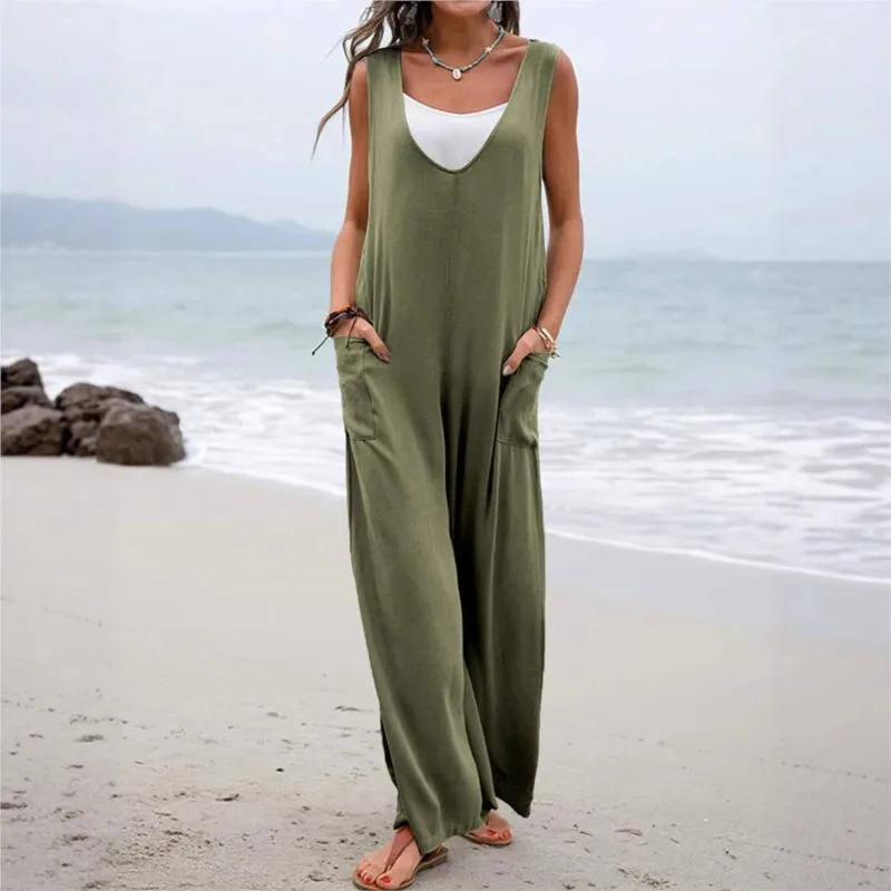 2026 new summer temperament women's jumpsuit Elegant casual style quality sleeveless V collar loose Wide-Leg women's jumpsuit