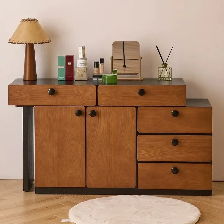 خزانة صدر من الخشب الصلب، نهاية زاوية متكاملة للسرير، خزانة تخزين طاولة مكياج سوداء متوسطة الحجم #4