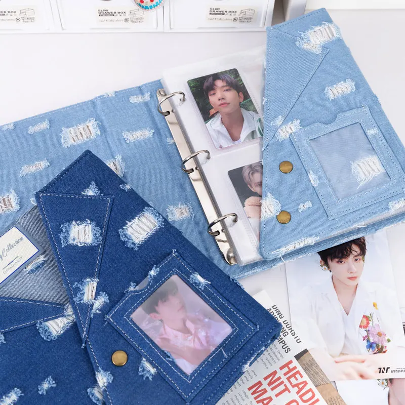 Large A5 Distressed Denim Card Binder 3Ring D-Ring 4-Pocket Photo Album for 3"/6" Photocard Postcard Pokemon Yu-Gi-Oh PTCG Album
