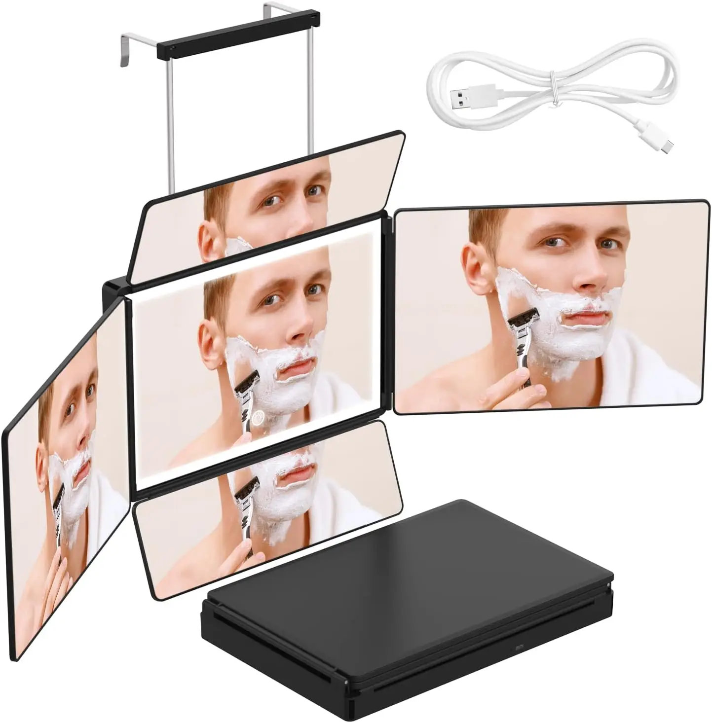 5 Way Mirror, 360 Mirror for Self Hair Cutting and Brading Hair, USB Rechargeable, Portable Height Adjustable Telescoping Hooks