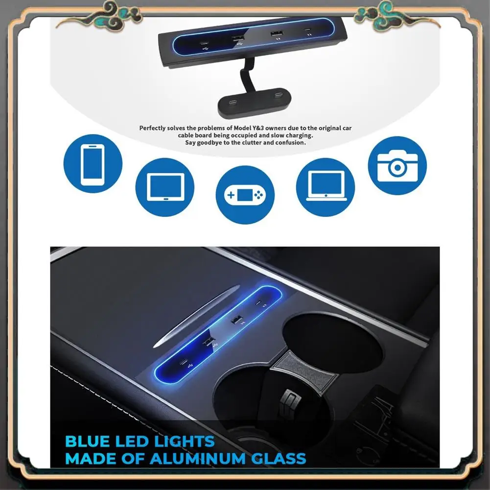 

For Tesla Model 3 Y 2021 2022 Accessories 27W Quick Charger Docking Station, 4 In 1 USB LED Hub Center Console Sensor