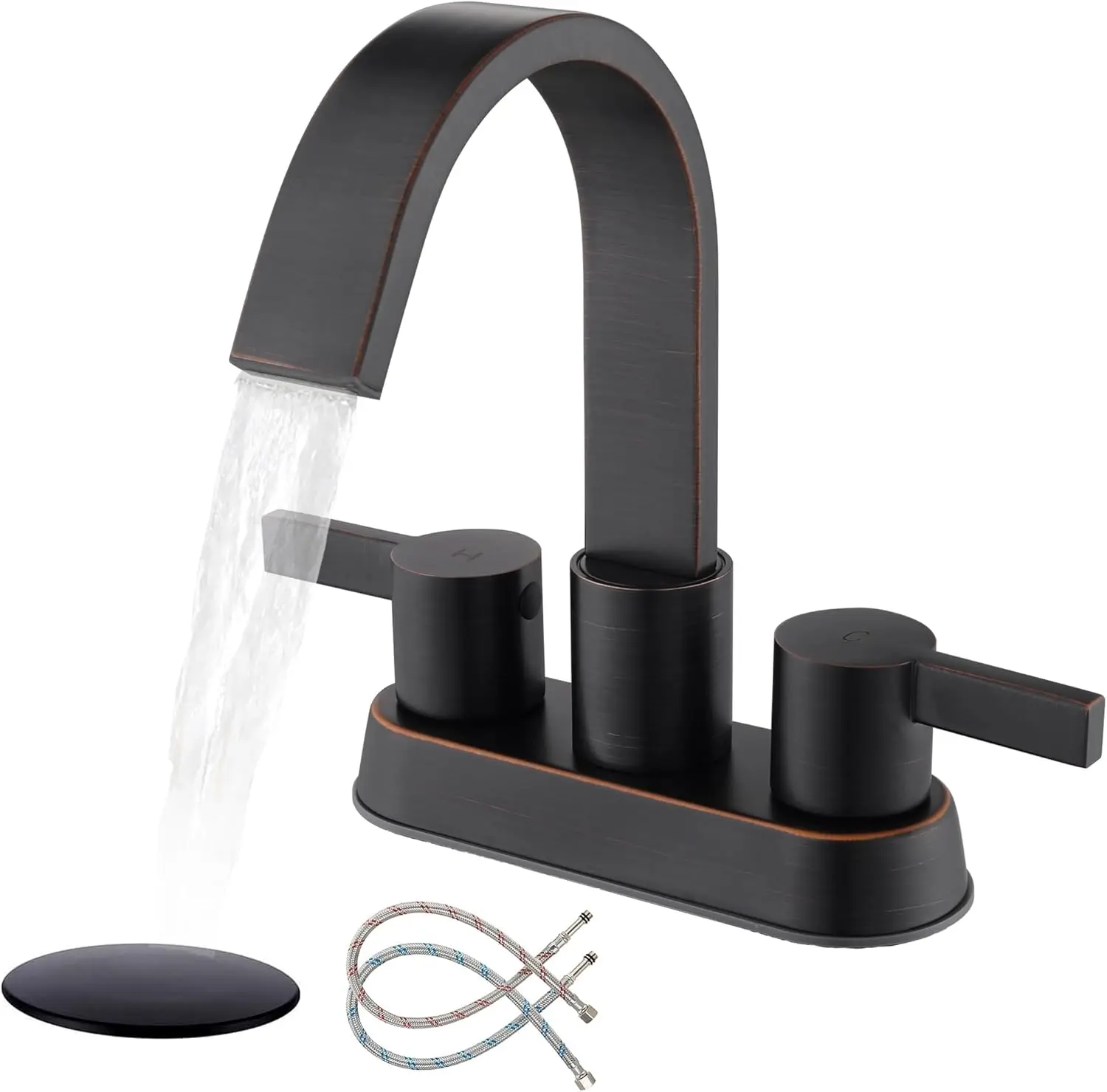 Oil rub bronze bathroom faucet with 3-hole, 4-inch center bathroom faucet, ejector drain and 2 water supply lines