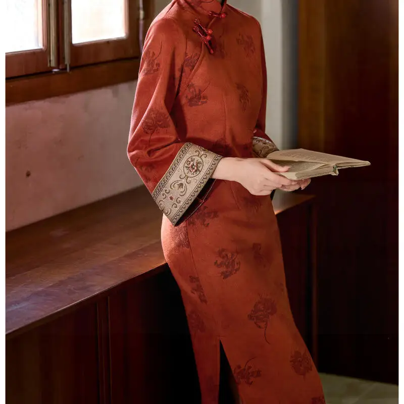 Improved New Chinese Style Dress Women Elegant Qipao Dress Suede Print Chesongam Flare Sleeve Hanfu Dress Lautumn Ong Vestidos