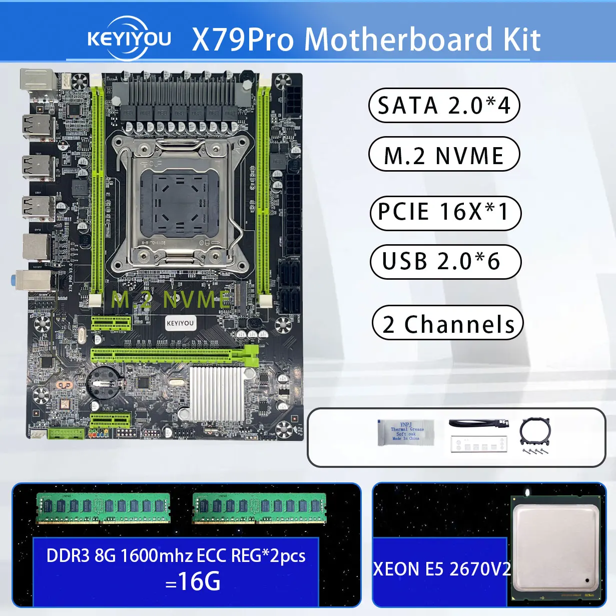 

KEYIYOU X79Pro motherboard kit LGA 2011 V1 V2 with Xeon E5 2670 V2 CPU And 16GB DDR3 ECC REG RAM