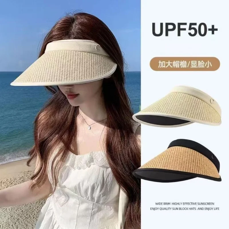 

Custom Summer Ins Sunshade Black Glue Hat Korean Style Open Top Hat Internet Celebrity Wide Brim Women's Straw Hat Fashion H