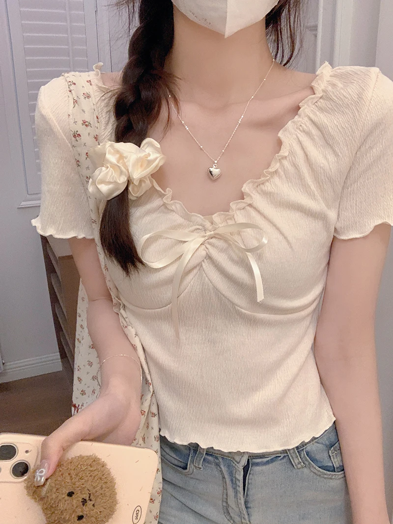 

Short Sleeve T-shirt Summer 2024 Korean Version Women's Fashion Tie Bow Solid Color Slim Shoulder Short Ruffle Neck Top