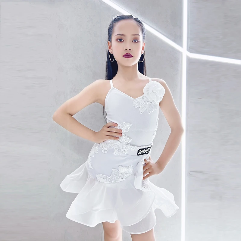 

New Children Latin Dance Dress For Girls Sling Tops Mesh Fishbone Skirt Suit Chacha Samba Tango Kids Latin Dance Clothes DN18113
