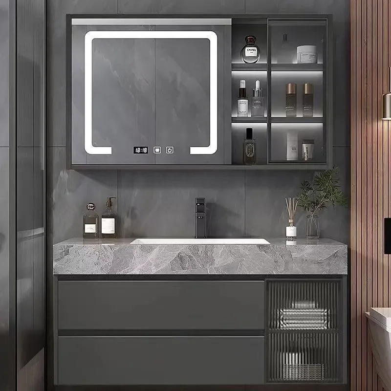 Modern Solid Wood Bathroom Vanity with Sintered Stone Top Integrated Ceramic Basin Smart Washstand Combo