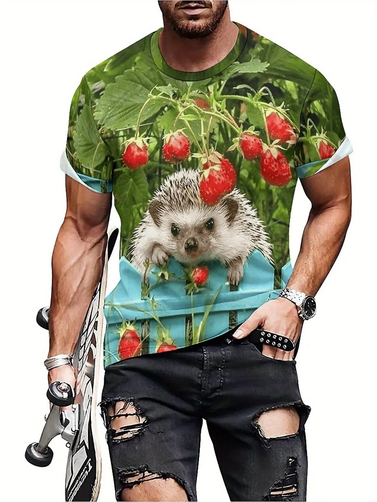 Men's Retro Y2K Geometric 3D Print T-Shirt with Cute Hedgehog & Strawberry Design - Artistic Abstract Pattern, Short Sleeve