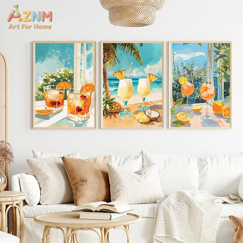 AZNM Summer Cocktail Scenery Canvas Wall Art Mediterranean Tropical Drink Citrus Landscape Art Print Bright Bar Kitchen Decor Po
