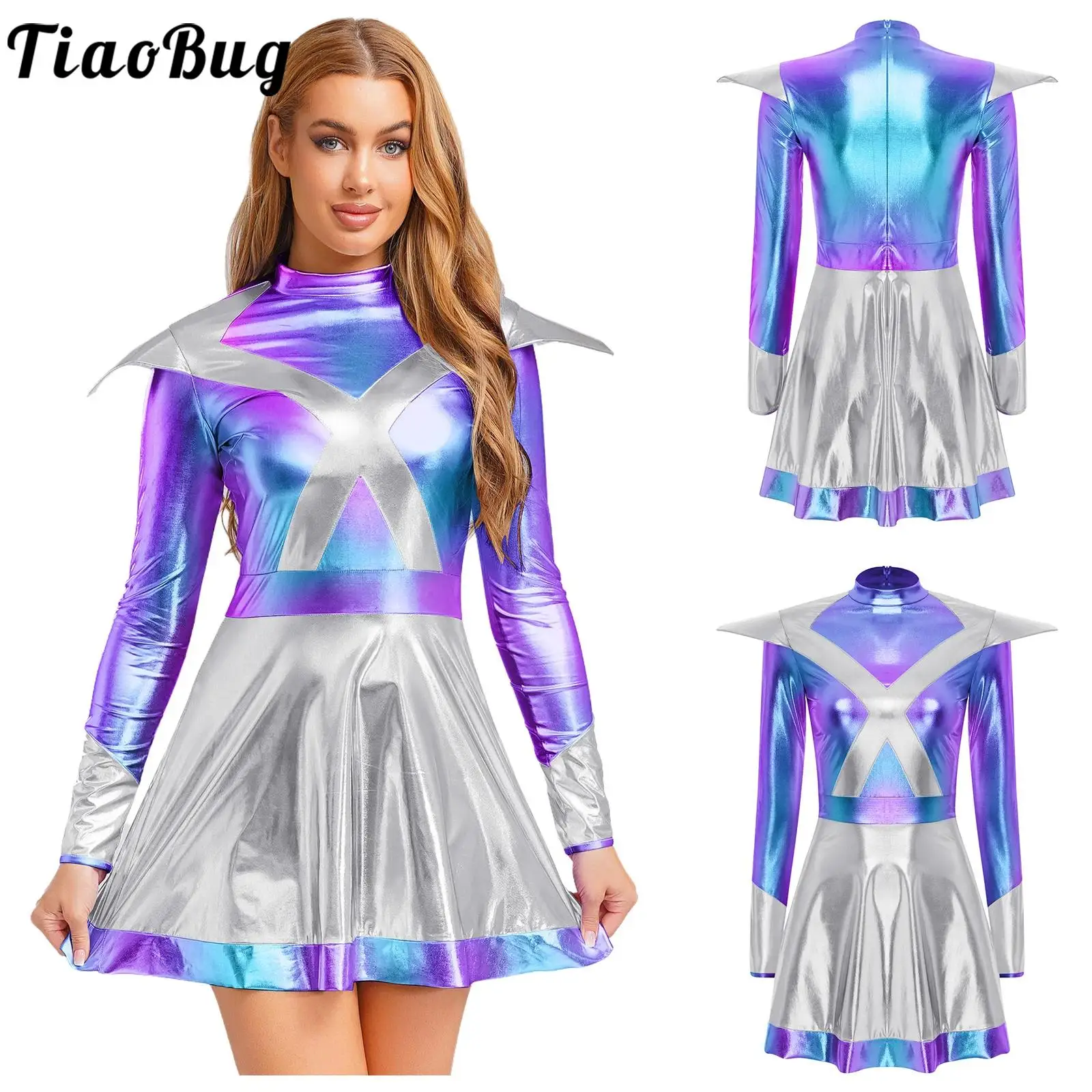 

Women Halloween Space Astronaut Costumes Robot Space Role Play Dresses Metallic Long Sleeves Tutu Dance Dress Carnival Party