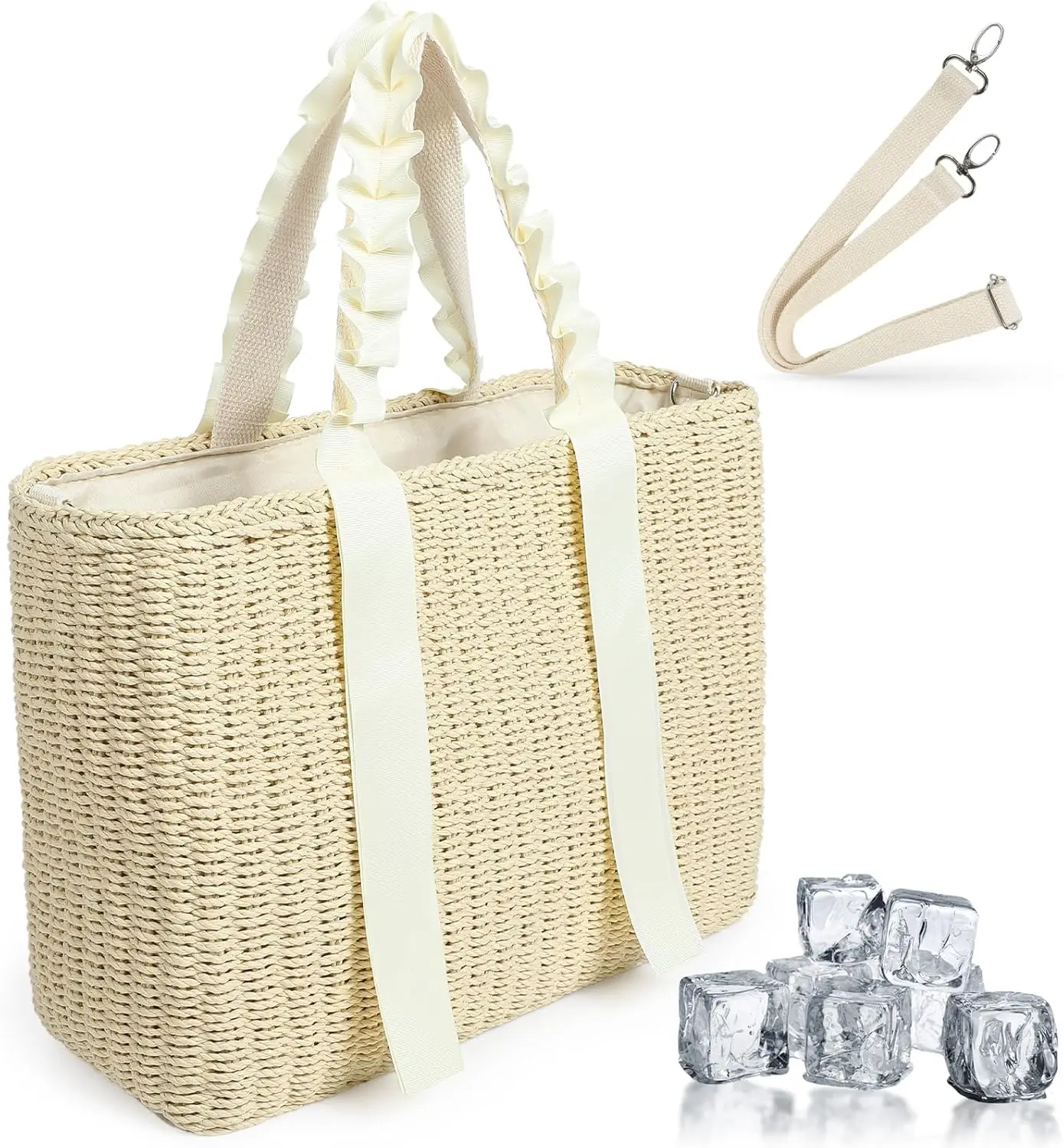 14L Large Insulated Beach Cooler Bag with Removable Liner, Natural Corn Husk Straw Travel Tote for Women, Picnic Lunch Bag, Brid