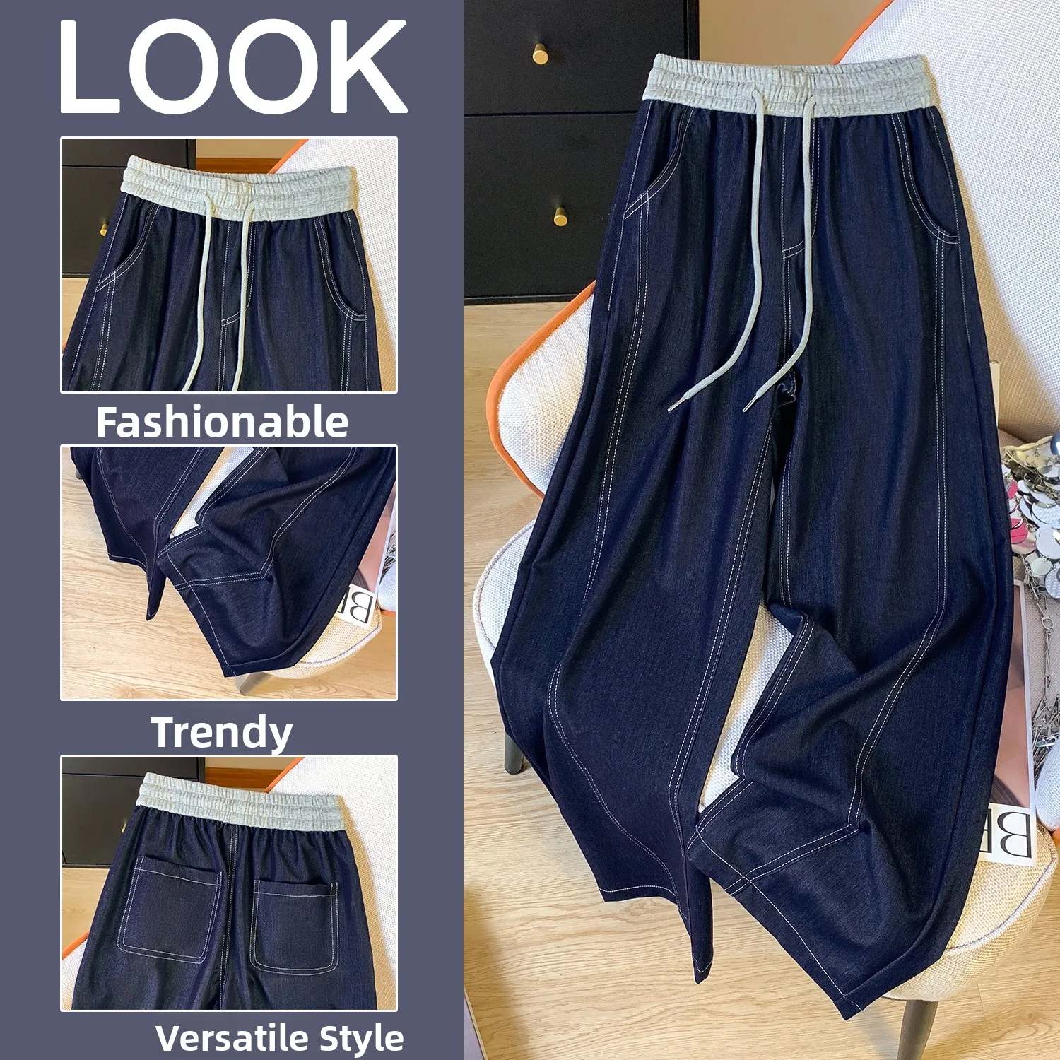 

Широкие джинсы женские летние тонкие свободные утягивающие BF Lazy Sle с высокой талией драпировка ледяного шелка прямые длинные брюки