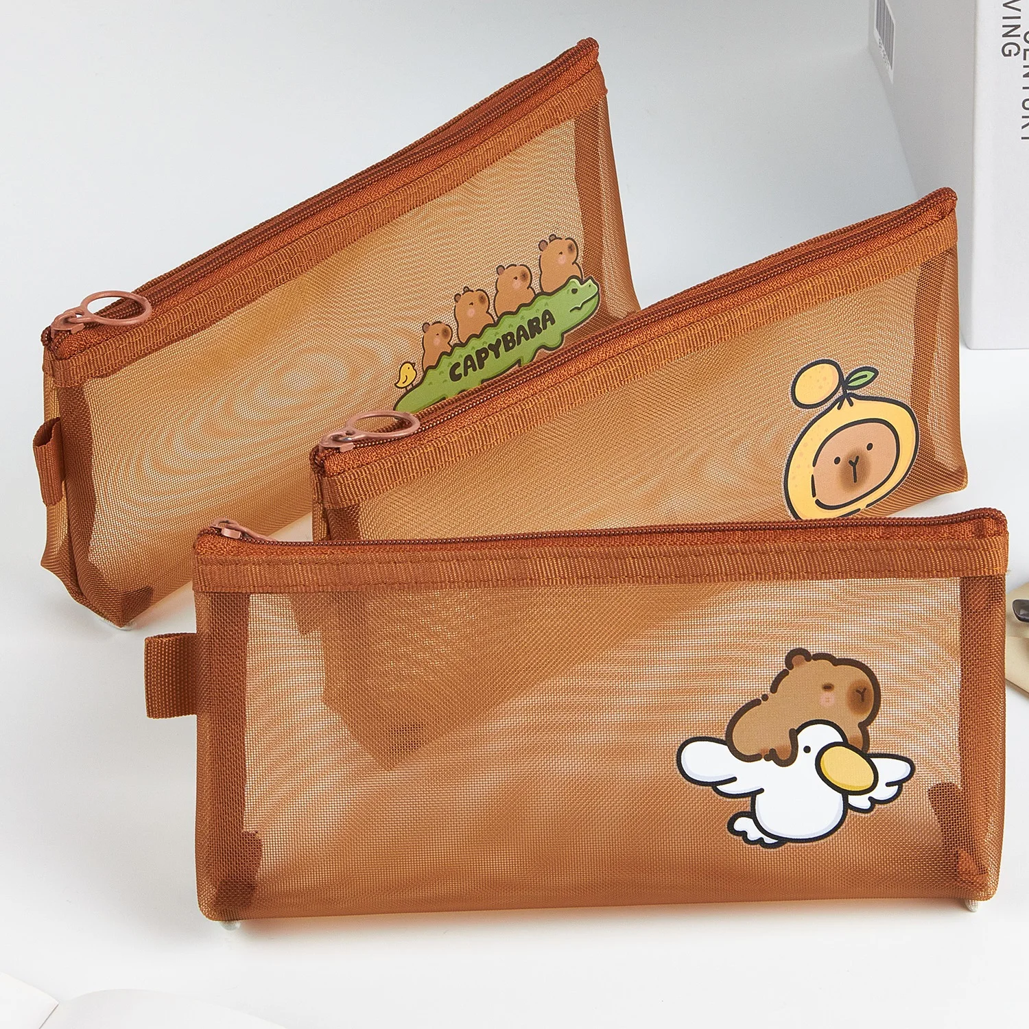 Capybara Mesh Pencil Bag Pen Case Cartoon Design Simple Transparent Storage Pouch for Stationery F7777