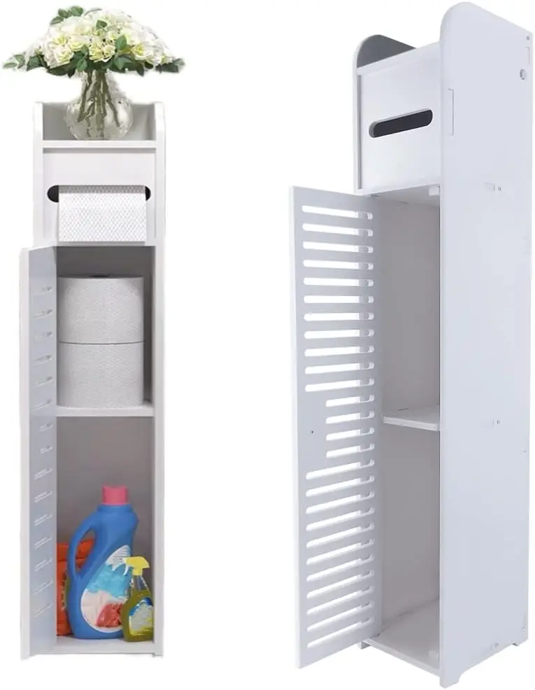 Bathroom Storage Cabinet 3 Tier Floor Cabinet Organizer with Door Free-Standing Toilet Roll Holder Narrow Toilet Storage Cabinet