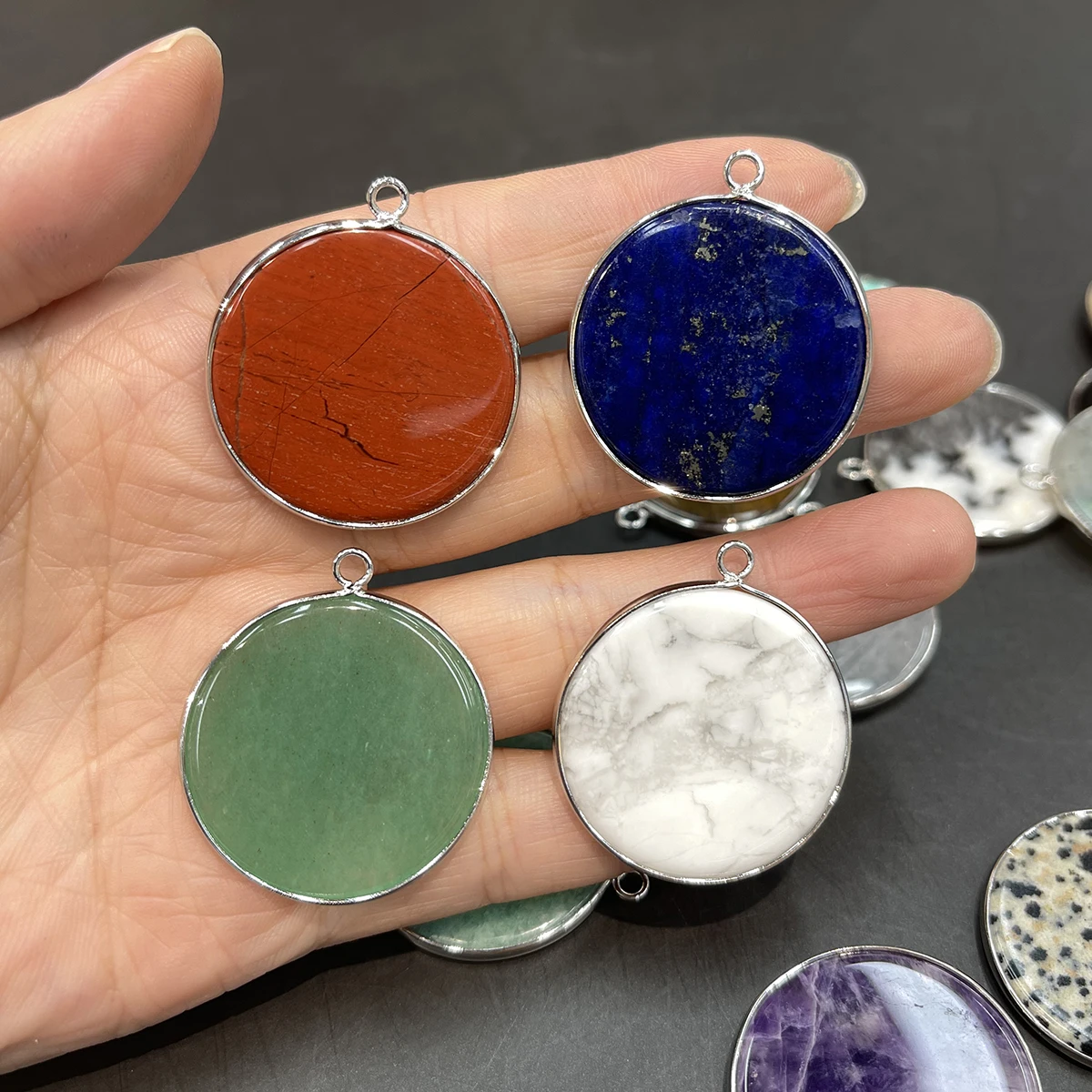 1pc Mixed Natural Stone Round Disc Pendant 30mm Silver Color Bezel Single Bail Charm for Handmade Necklace DIY Jewelry Craft
