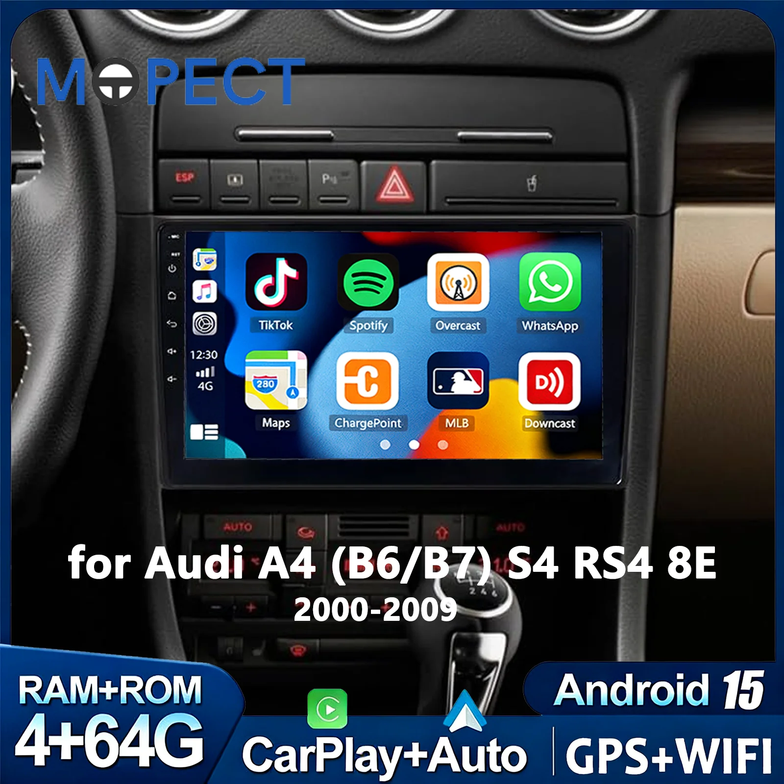 MOPECT Per Audi A4 B6 B7 2000-2009 Seat Exeo CarPlay Wireless Apple Android Auto Autoradio GPS RDS WiFi BT Stereo Multimediale