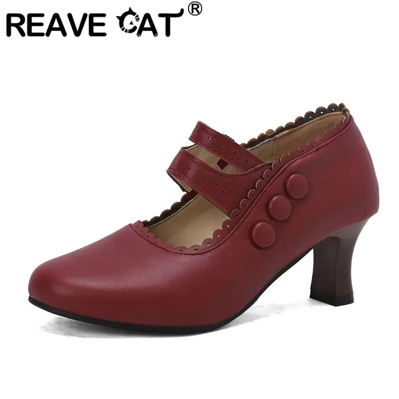 

REAVE CAT 2025 Новые женские туфли-лодочки для зрелых женщин с круглым носком и блочным каблуком 6 см с эластичным ремешком, большие размеры 46 47 48 Мягкие повседневные офисные женские туфли