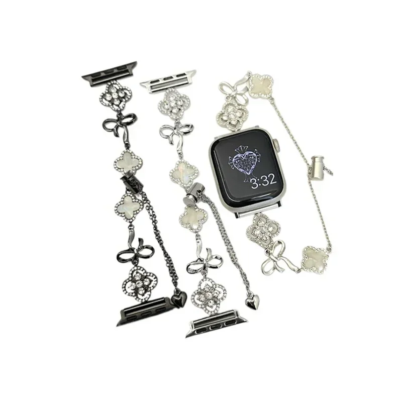 Clover Bow Bracelete de Metal para Apple Watch, Pulseira Diamond Link para iWatch Series 9, 8, 7, 6, 5, SE Band, 44mm, 49mm, 45mm, 40mm, 41 milímetros, 38 milímetros