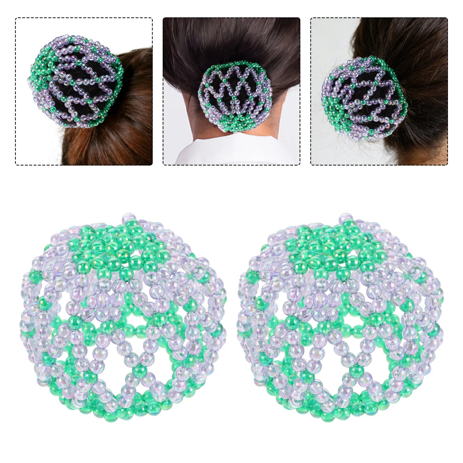 2 Pcs Handmade Crystal Bead Hair Bun Net Bag Rhinestone Decor Ballet Snood Elastic Mesh Hair Cover Elegant Dance Accessories