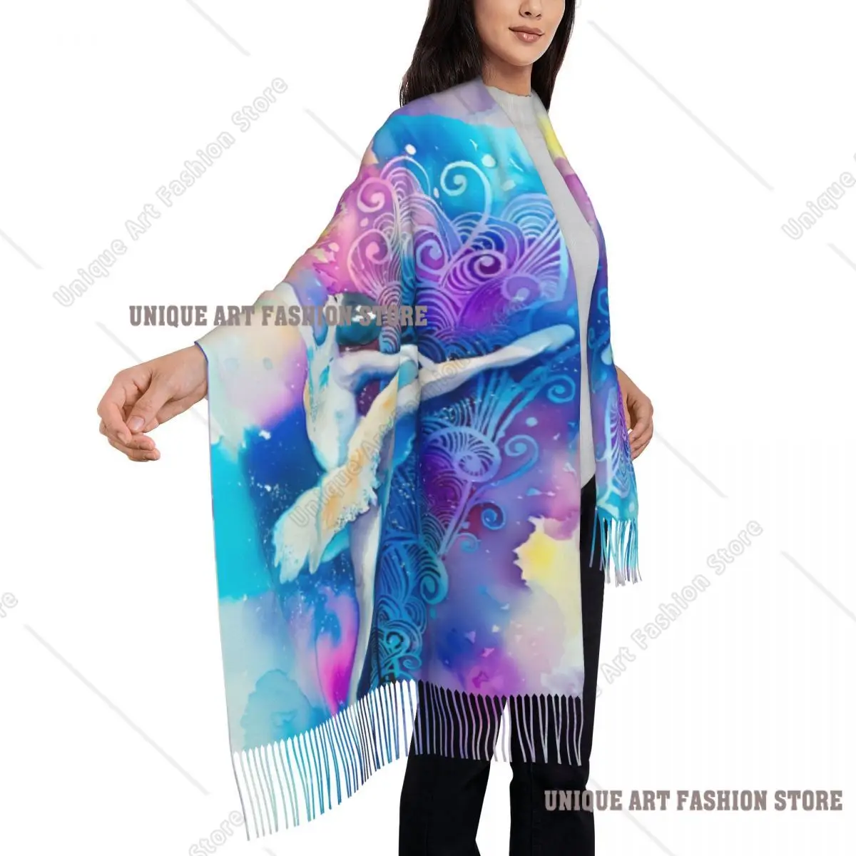 ผ้าพันคอพิมพ์ลายศิลปะยิมนาสติกแบบยาวสำหรับผู้หญิง ดีไซน์หรูหรา ผ้าหนา อุ่นสบายสำหรับฤดูหนาว พร้อมพู่ห้อย
