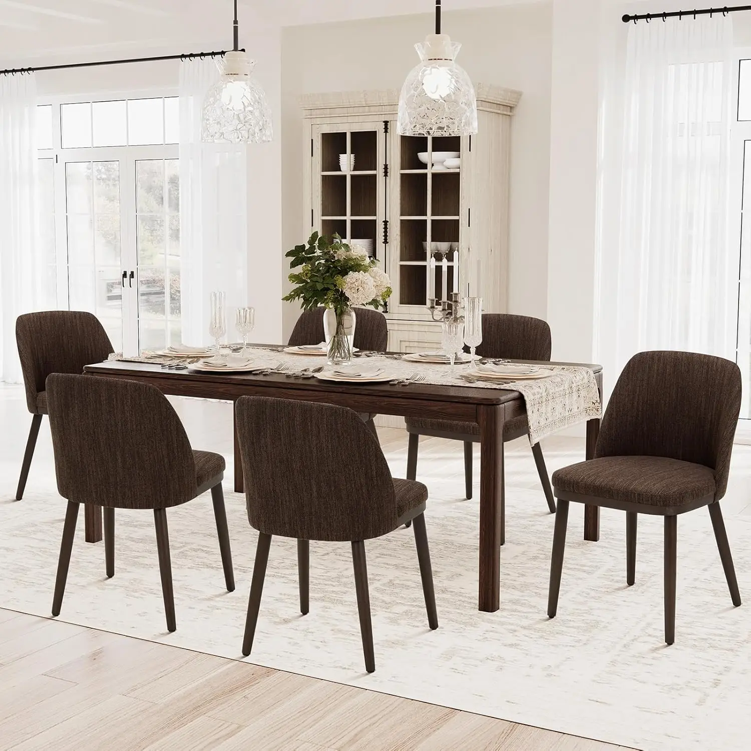 

Upholstered Dining Chairs Set of 6 Modern Kitchen Chairs with Back Fabric Side Chair with Wood Legs for Dining Room Brown