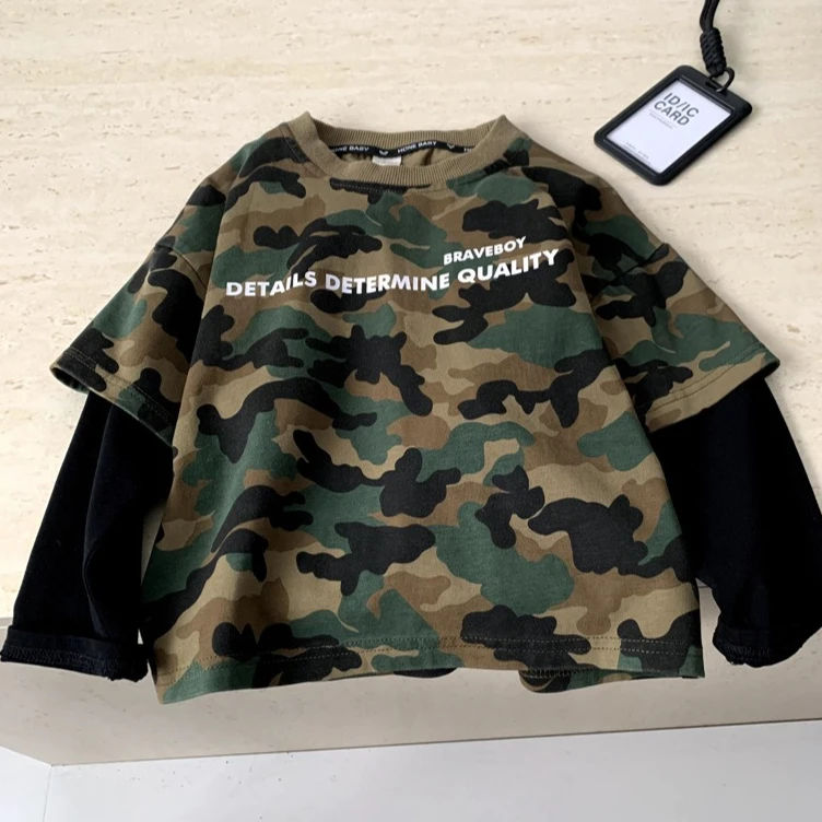 

Boys T-shirt 2026 Spring and Summer New Childrens Clothing Korean Style Boys and Girls Casual Loose Camouflage Fake Two T-shirts