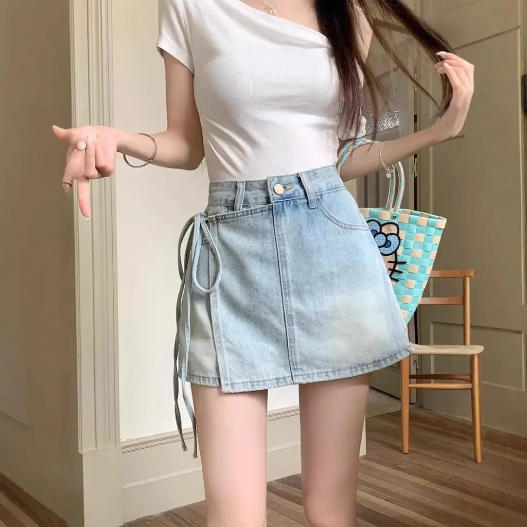 

Retro Denim Skirt for plus Size Women High Waist Slimming Hip A-Line Summer Skirt for Chubby Girls Anti-Exposure