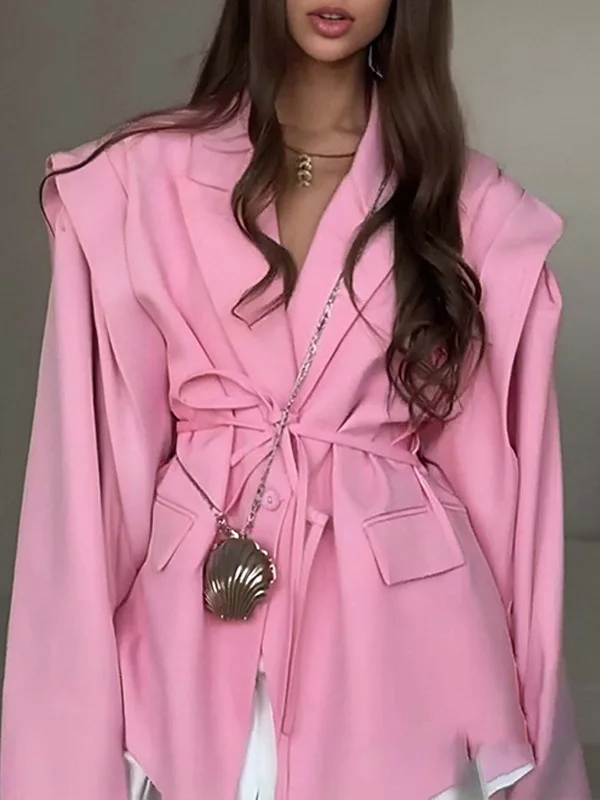 엘리 V넥 턱시도 자켓 여성 패션 봄 신상 어깨 패드 벨트형 통근 코트 롱 슬리브 폴리에스터 섬유