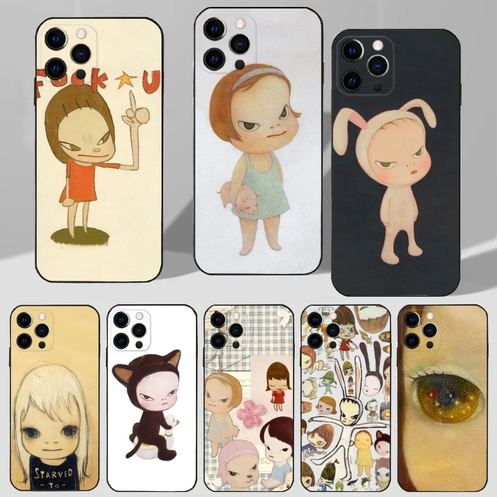 Art Y-Yoshitomo N-Nara Phone Case For iPhone 16,15,14,13,12,11 Plus,Pro Max,XS,X,XR,SE,Mini,8,7 Soft Silicone Black Cover