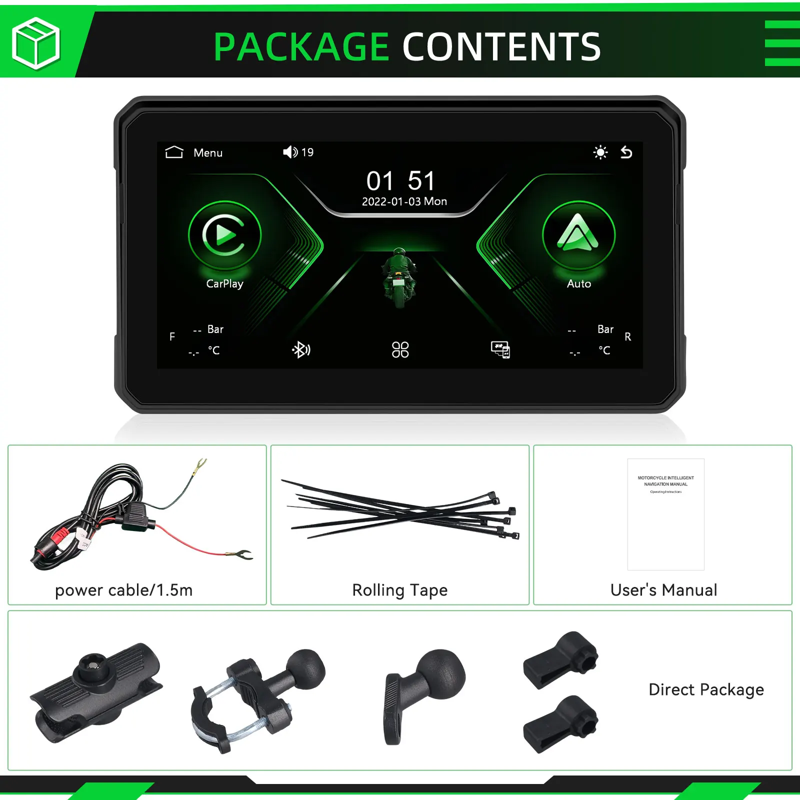 Podofo Carplay Motorrad-Monitor Kabelloses Android Auto Airplay IP68 Wasserdichter Tragbarer Monitor Reifendruckerkennung (Optional) – Detail 14