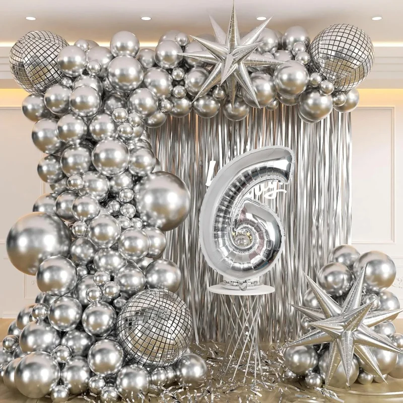 

Carnival Metal Silver Balloon Wreath Arch Set with 4D disco star foil balloon curtains, perfect for birthday and wedding parties