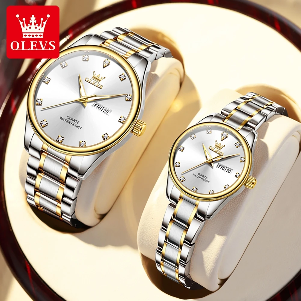 OLEVS Brand Fashion Quartz Couple Watch Diamond Dial Luxury Watch For Men Women Stainless Steel Strap Waterproof Lovers Watches