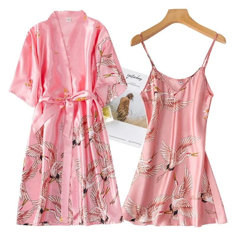 Burgundy Women Faux Silk Kimono Robe Gown Sets Sexy Print Crane Nightdress &Bathrobe Lingerie Nightgown Summer Sleepwear