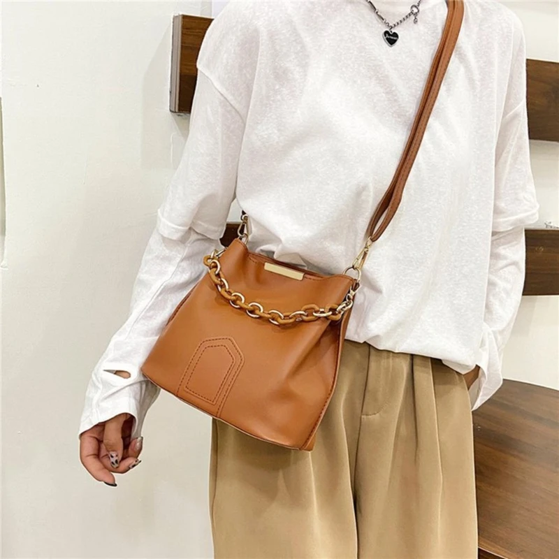 E74B Korean Simple Shoulder Bag with Adjustable Strap for Womens Chain Handle PU Leather Handbag Crossbody Bucket Bag Purse