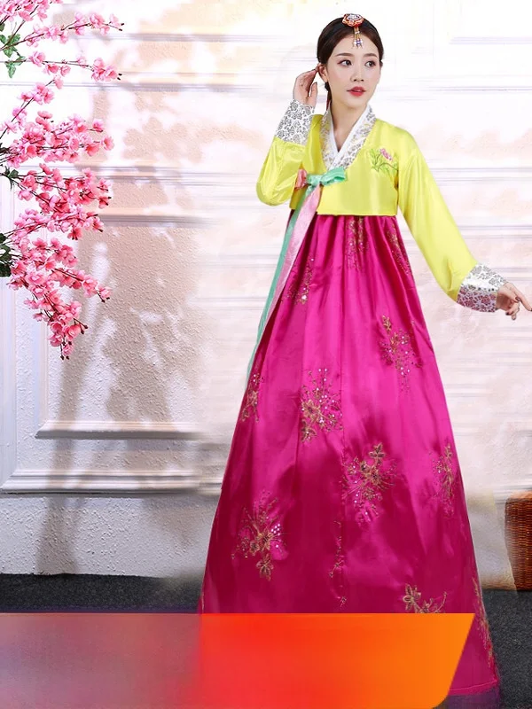 

Традиционная корейская юбка для выступлений, женский этнический костюм, повседневная длинная юбка из полиэстера