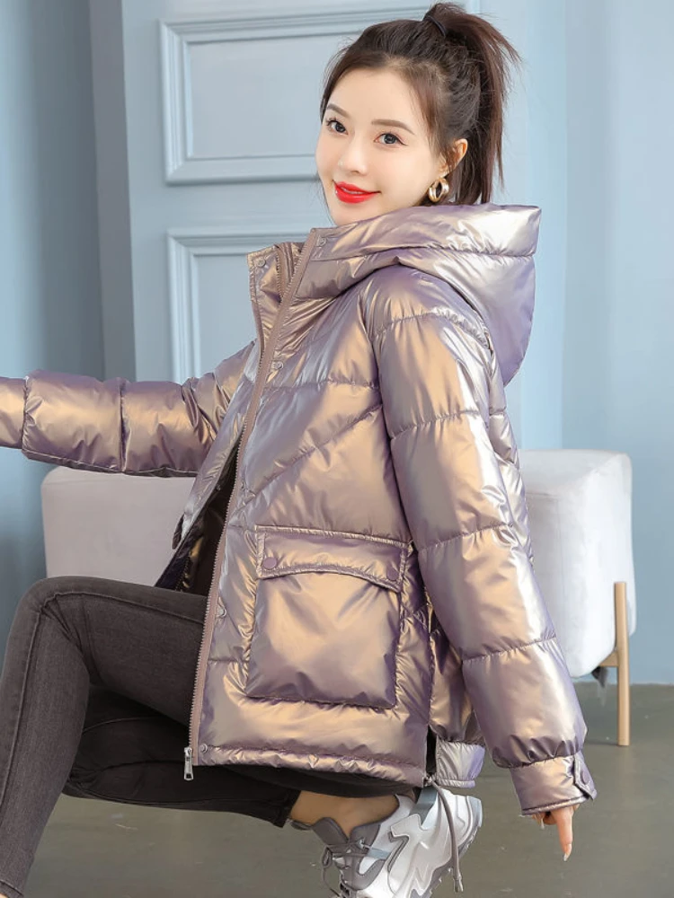 Parka à capuche rembourrée en coton brillant pour femmes, veste d\'hiver, vêtements d\'extérieur décontractés pour femmes, chaud, nouveau, 2025