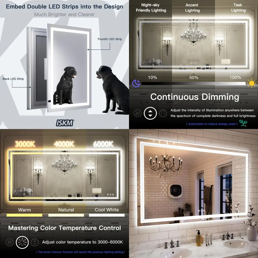 

Зеркало для ванной с LED-подсветкой, 55x36 дюймов, с антизапотевающим закаленным стеклом, сертифицировано ETL